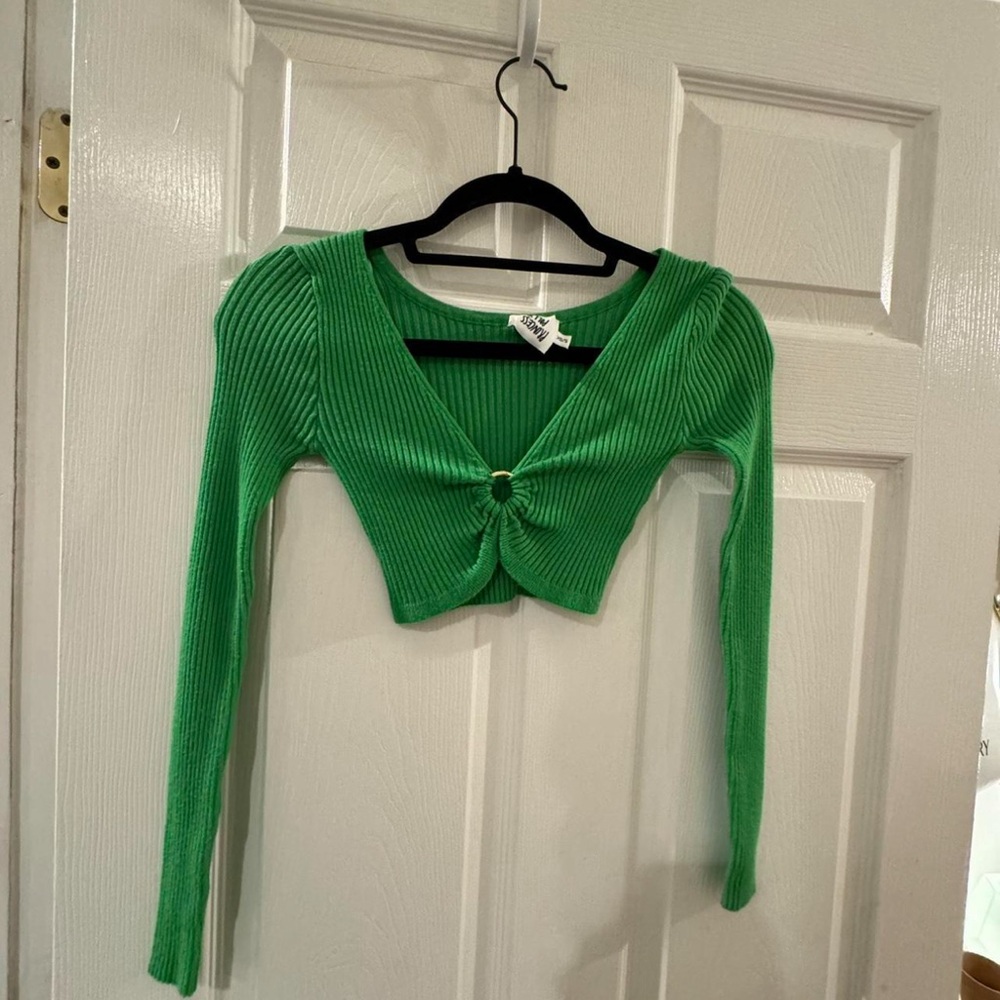 Princess Polly Green Ribbed Tie Front Crop Blouse